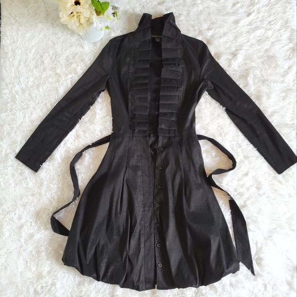 Frank Lyman Design Dresses & Skirts - Frank Lyman Black Dress Coat High Neck Pleated Bubble Button Up Size 8